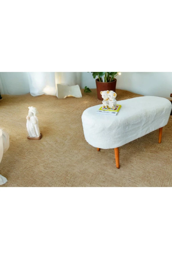 BEYLERBEYİ Retro Ceviz Renk Ahşap Ayaklı Geniş Oturum Alanlı Oval Bench Puf Krem - Resim 3