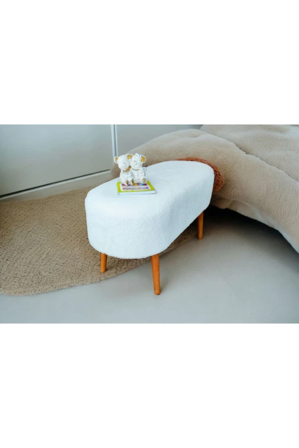 BEYLERBEYİ Retro Ceviz Renk Ahşap Ayaklı Geniş Oturum Alanlı Oval Bench Puf Krem - Resim 4