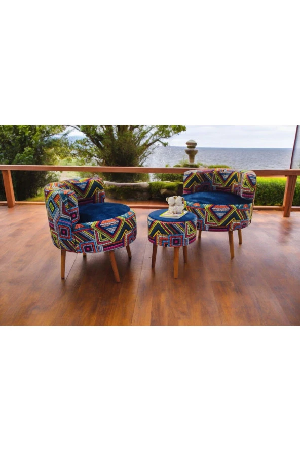 BEYLERBEYİ Çay Seti İkili Koltuk Berjer Ve Puf Takımı (salon, Balkon, Ofis) 3 Lü Takım - 3