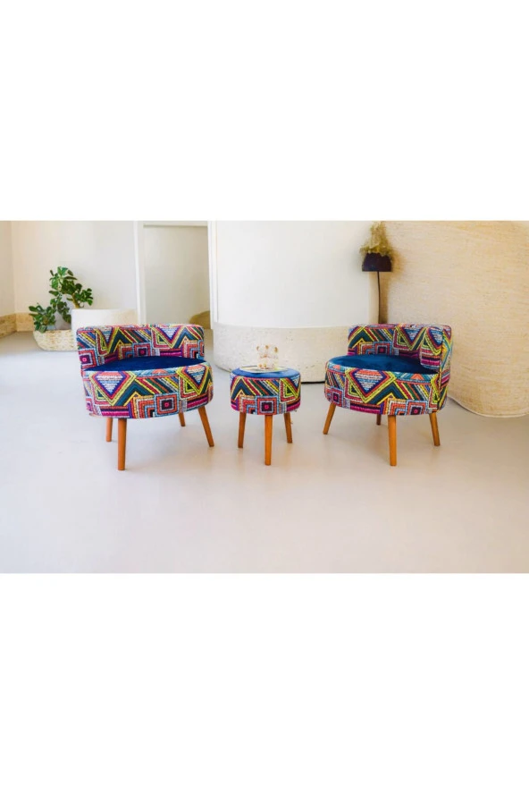 BEYLERBEYİ Çay Seti İkili Koltuk Berjer Ve Puf Takımı (salon, Balkon, Ofis) 3 Lü Takım - 4