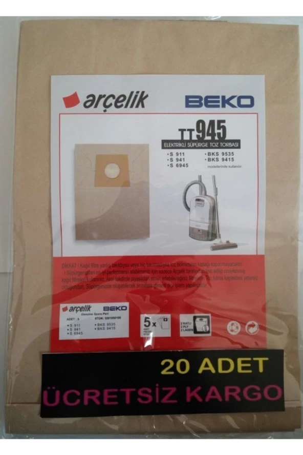 Şipşak Geldi Arçelik S911 S 941 S6945 Elektirikli Süpürge Kağıt torba 20 Adet ürün görseli