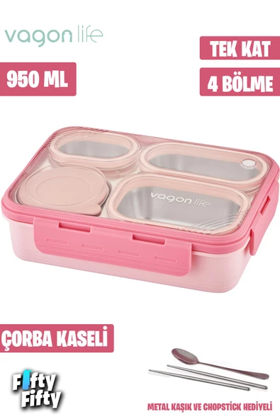 Vagonlife Lunch Box 950 ML Paslanmaz Çelik Tek Kat Dört Bölmeli Çorba Kaseli Metal Kaşıklı-FFLBOX7099 - 10