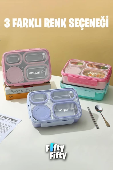 Vagonlife Lunch Box 950 ML Paslanmaz Çelik Tek Kat Dört Bölmeli Çorba Kaseli Metal Kaşıklı-FFLBOX7099 - 3