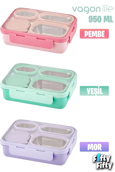 Vagonlife Lunch Box 950 ML Paslanmaz Çelik Tek Kat Dört Bölmeli Çorba Kaseli Metal Kaşıklı-FFLBOX7099 - 5