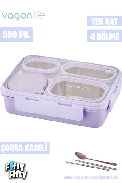 Vagonlife Lunch Box 950 ML Paslanmaz Çelik Tek Kat Dört Bölmeli Çorba Kaseli Metal Kaşıklı-FFLBOX7099 - 6
