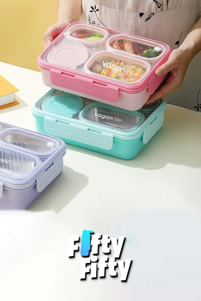 Vagonlife Lunch Box 950 ML Paslanmaz Çelik Tek Kat Dört Bölmeli Çorba Kaseli Metal Kaşıklı-FFLBOX7099 - 8