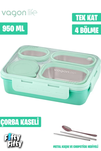 Vagonlife Lunch Box 950 ML Paslanmaz Çelik Tek Kat Dört Bölmeli Çorba Kaseli Metal Kaşıklı-FFLBOX7099 - 2