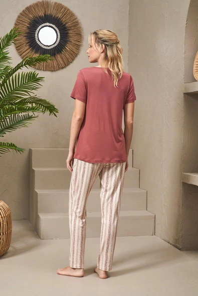 Pjs 25135 Kadın Yuvarlak Yaka İnci Taş Baskılı Çizgili Pijama Takım - 5