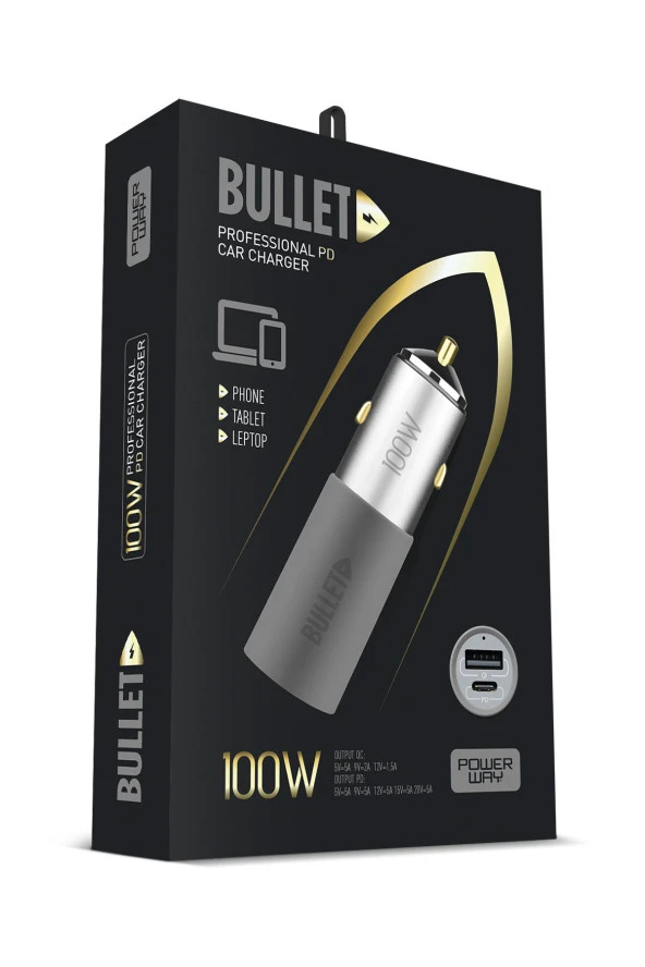 Powerway Bullet 100W Araç Çakmaklık Şarj Cihazı Type-C ve Usb Çıkışlı Profesyonel Turbo Hızlı Şarj