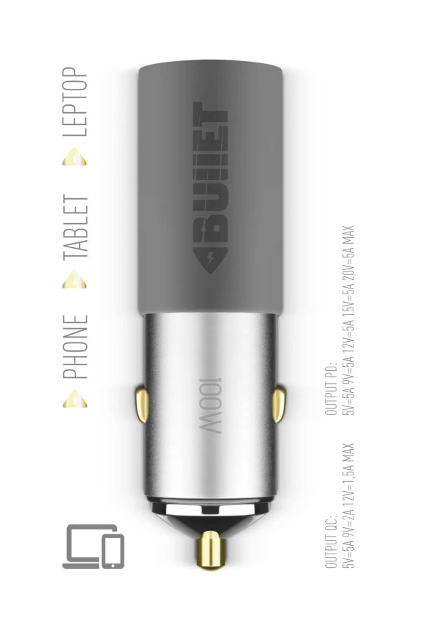 Powerway Bullet 100W Araç Çakmaklık Şarj Cihazı Type-C ve Usb Çıkışlı Profesyonel Turbo Hızlı Şarj - 2