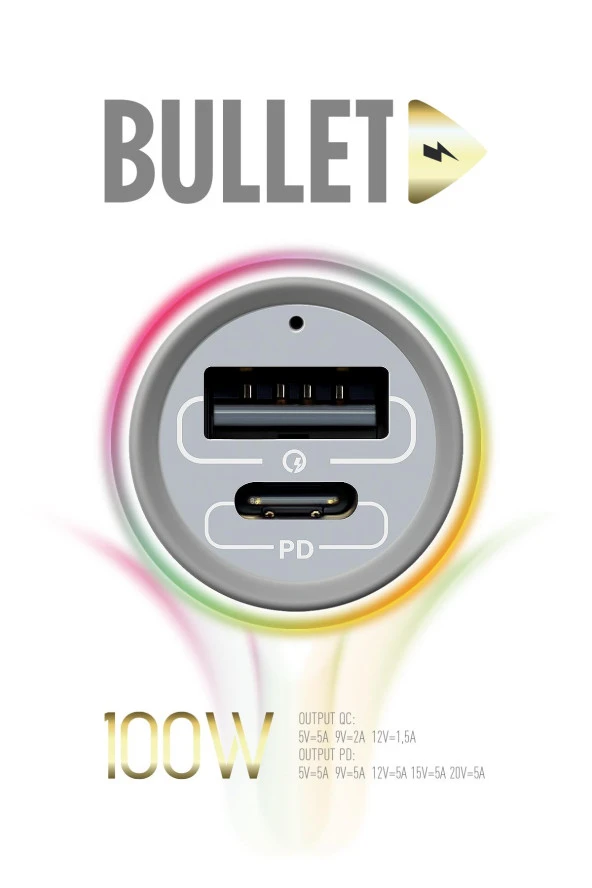 Powerway Bullet 100W Araç Çakmaklık Şarj Cihazı Type-C ve Usb Çıkışlı Profesyonel Turbo Hızlı Şarj - 3