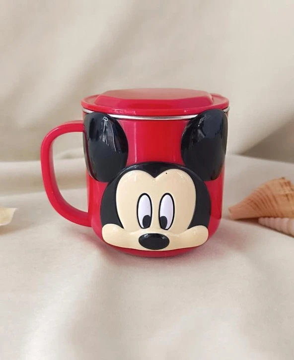 Kupa Kahve Çay Su Bardak Mickey Mouse Paslanmaz Çelik Dayanıklı Yalıtımlı 250 ml 3D Kapaklı