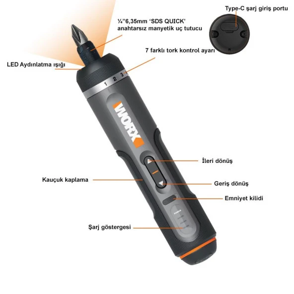 WORX WX242 4Volt/2.0Ah. Li-ion Akıllı Tork Ayarlı Şarjlı Tornavida + 30 Adet Bits Uç - Resim 3