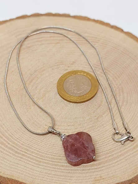Çilek Kuvars Taşı Kolye Ucu Yonca Temalı Zincirli (49818) - Resim 3
