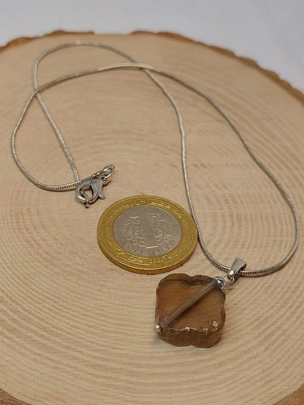 Dumanlı Kuvars Taşı Kolye Ucu Yonca Temalı Zincirli (49822) - 3