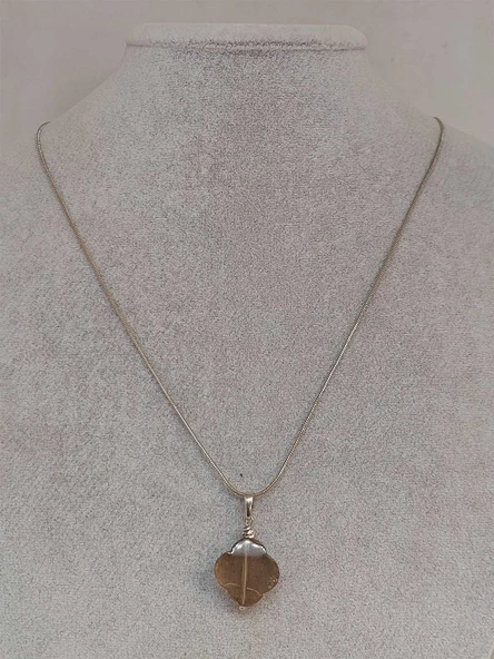 Dumanlı Kuvars Taşı Kolye Ucu Yonca Temalı Zincirli (49822) - 2