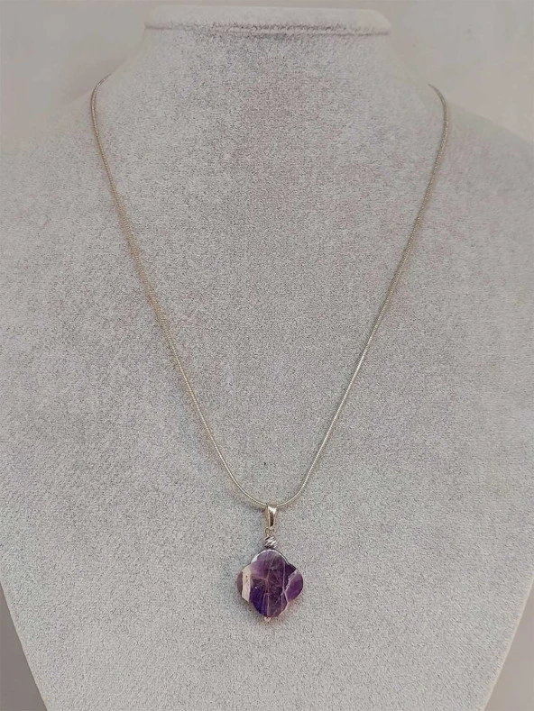 Ametist Taşı Kolye Ucu Yonca Temalı Zincirli (49824) - 2