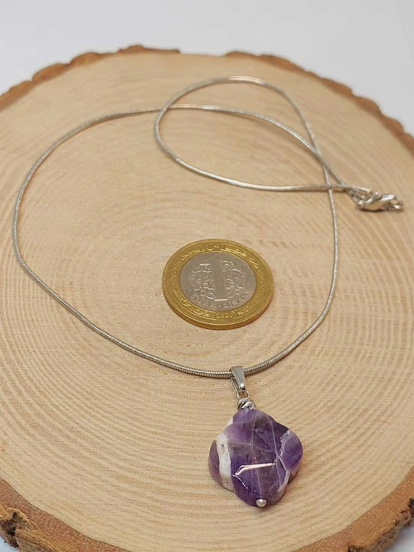 Ametist Taşı Kolye Ucu Yonca Temalı Zincirli (49824) - 3