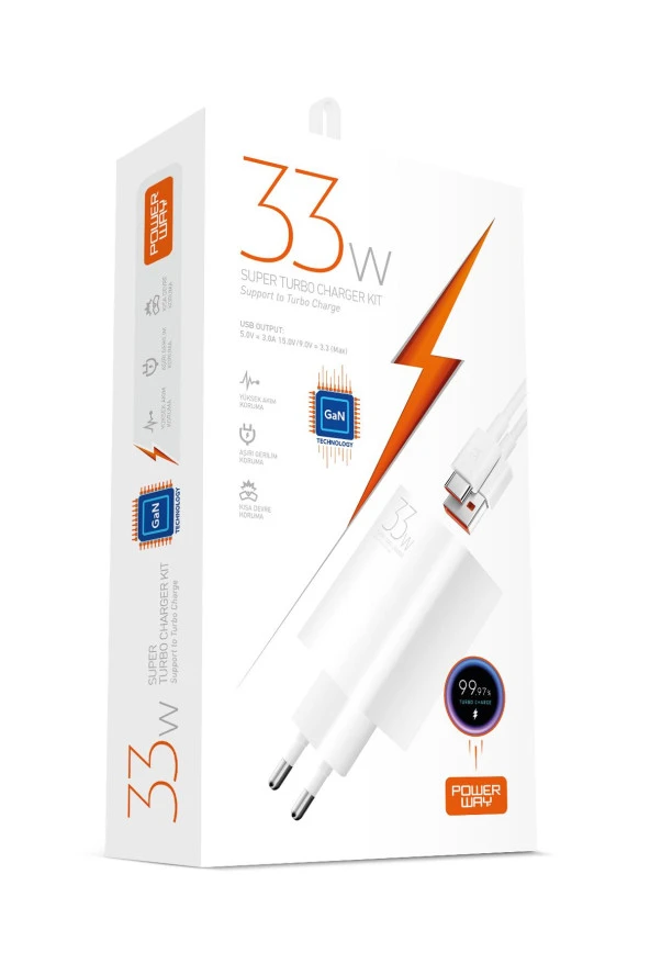 Powerway M33 Set Süper Turbo 33W Hızlı Şarj Adaptörü Gan Teknoloji Usb Şarj Başlığı Ekstra Kablolu
