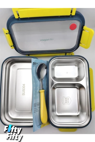 Vagonlife Lunch Box 1200 ML İki Kat Üç Bölme Paslanmaz Çelik-Metal Kaşıklı-FFLBOX2215 - 4