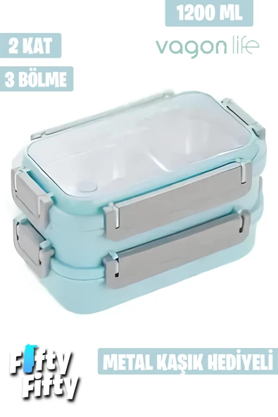 Vagonlife Lunch Box 1200 ML İki Kat Üç Bölme Paslanmaz Çelik-Metal Kaşıklı-FFLBOX2215 - 7