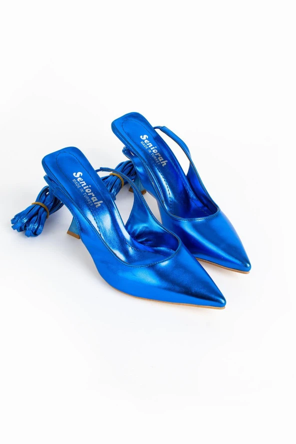 Electra Mavi Metalik Cilt Kadın Topuklu Ayakkabı