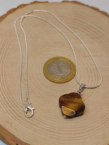 Kaplan Gözü Taşı Kolye Ucu Yonca Temalı Zincirli (49832) - Resim 3