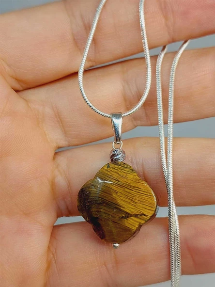 Kaplan Gözü Taşı Kolye Ucu Yonca Temalı Zincirli (49832) ürün görseli