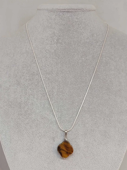 Kaplan Gözü Taşı Kolye Ucu Yonca Temalı Zincirli (49832) - Resim 2