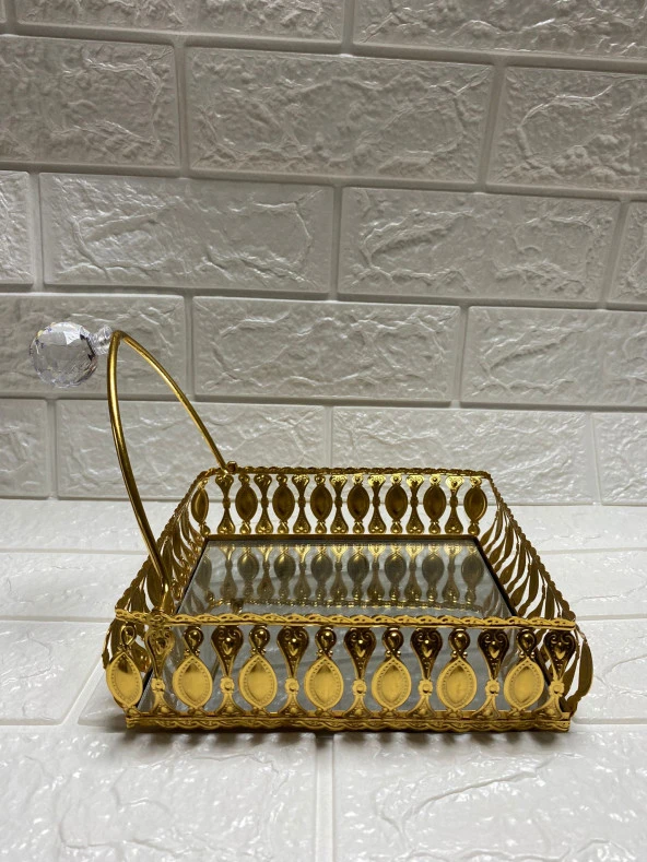 Taşlı Aynalı Premium Peçetelik Paslanmaz Çelik Lüks Peçete Kutusu Gold İşlemeli - 2