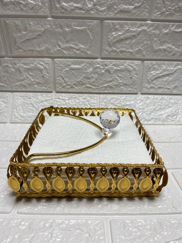 Taşlı Aynalı Premium Peçetelik Paslanmaz Çelik Lüks Peçete Kutusu Gold İşlemeli - 4