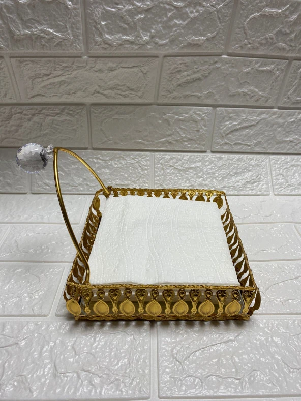 Taşlı Aynalı Premium Peçetelik Paslanmaz Çelik Lüks Peçete Kutusu Gold İşlemeli - 5