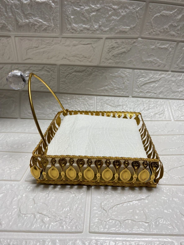 Taşlı Aynalı Premium Peçetelik Paslanmaz Çelik Lüks Peçete Kutusu Gold İşlemeli - 6