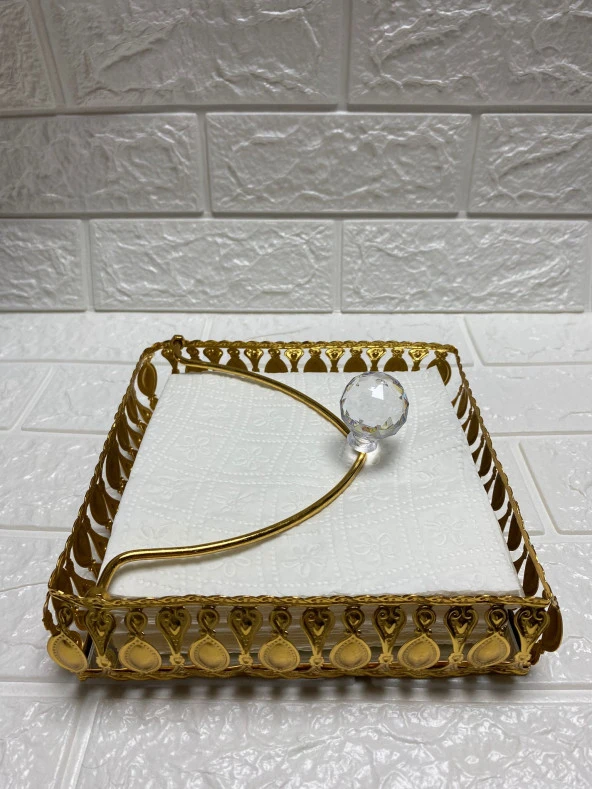 Taşlı Aynalı Premium Peçetelik Paslanmaz Çelik Lüks Peçete Kutusu Gold İşlemeli - 7