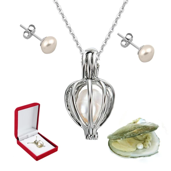 925 ayar Gümüş Kafes Kolye İstiridye Gerçek İnci Kolye Küpe Seti - 2