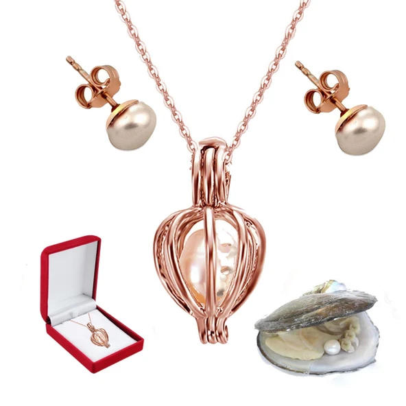 925 ayar Gümüş Kafes Kolye İstiridye Gerçek İnci Kolye Küpe Seti - 3