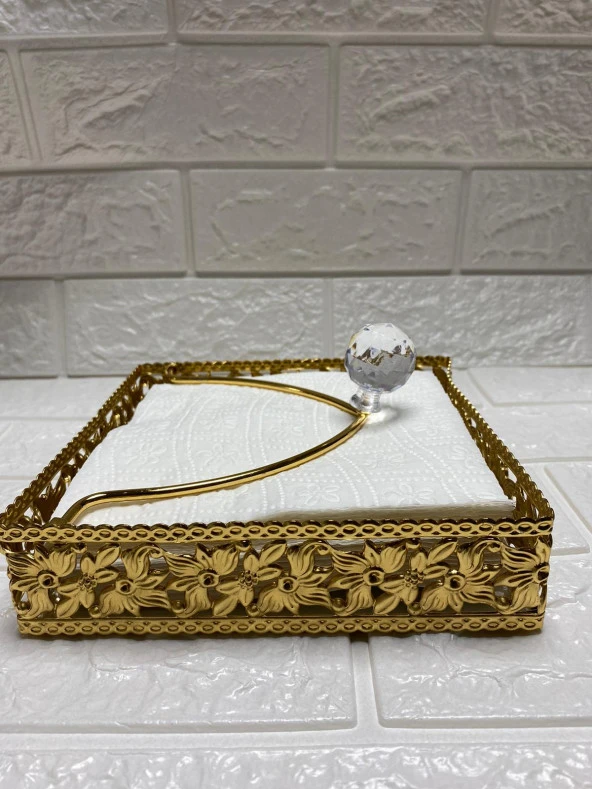 Taşlı Aynalı Peçetelik Paslanmaz Çelik Lüks Peçete Kutusu Gold İşlemeli Premium Peçetelik - 5