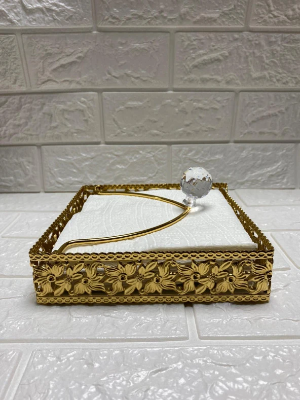 Taşlı Aynalı Peçetelik Paslanmaz Çelik Lüks Peçete Kutusu Gold İşlemeli Premium Peçetelik - 6