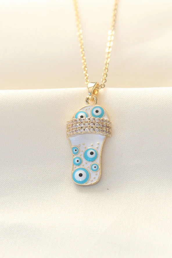 316L Zinciri Çelik Zirkon Taşlı Gold Renk Nazar Boncuklu Terlik Kolye - EBJ240521W24251 ürün görseli