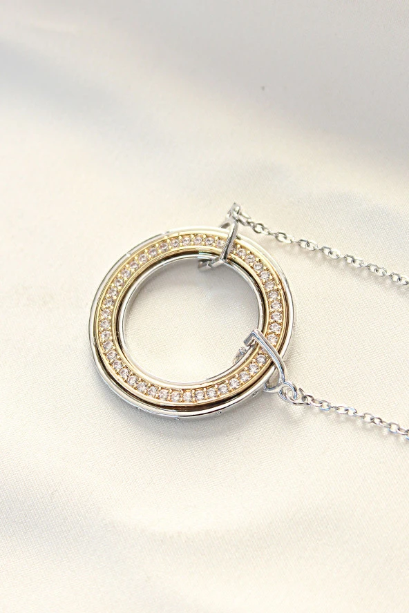 316L Çelik Zirkon Taşlı Çift Renkli Tifany Kolye - EBJ240521W24258 - Resim 2
