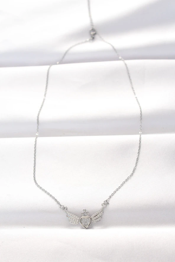 316L Çelik Silver Renk Zirkon Taşlı Kalpli Kanat Kolye - EBJ240521W24269 - Resim 2