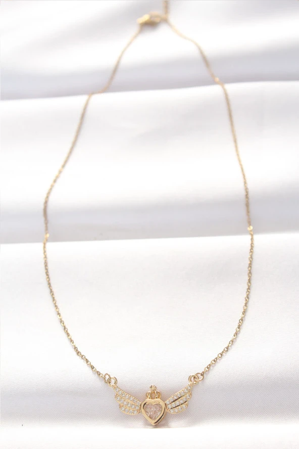 316L Çelik Gold Renk Zirkon Taşlı Kalpli Kanat Kolye - EBJ240521W24270 - Resim 2