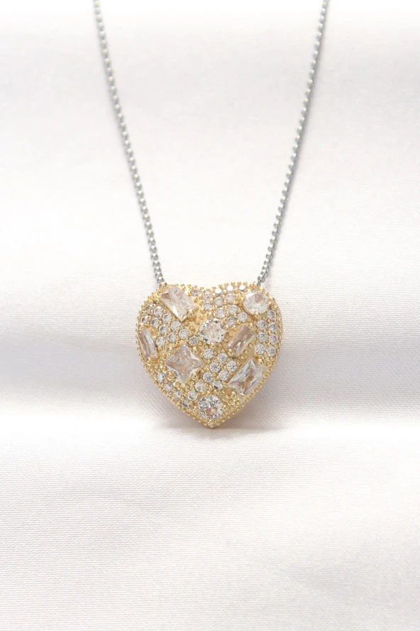 316L Çelik Çift Renk Zirkon Taşlı Kalp Kolye - EBJ240521W24275 ürün görseli