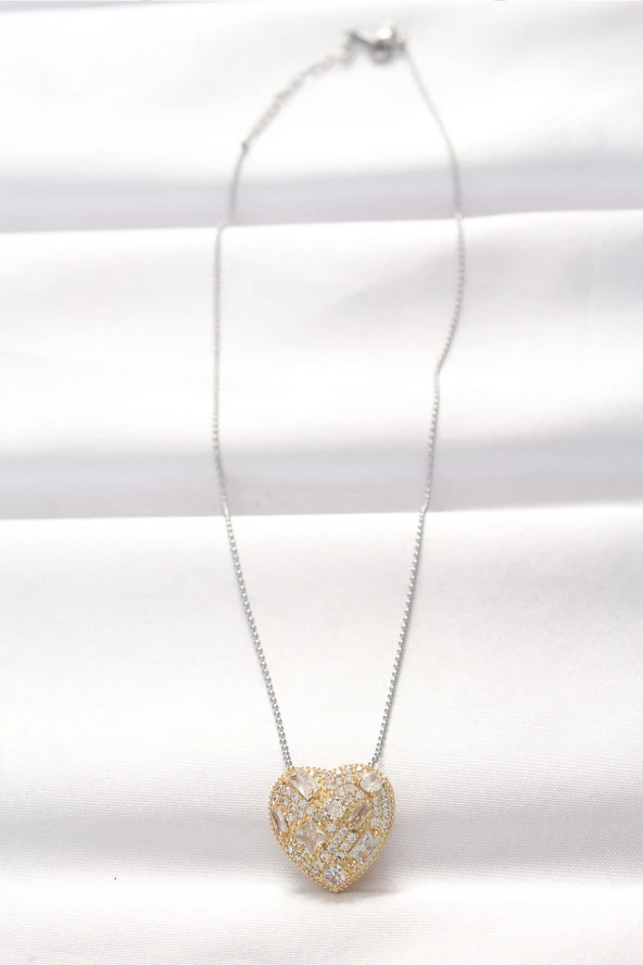 316L Çelik Çift Renk Zirkon Taşlı Kalp Kolye - EBJ240521W24275 - Resim 2