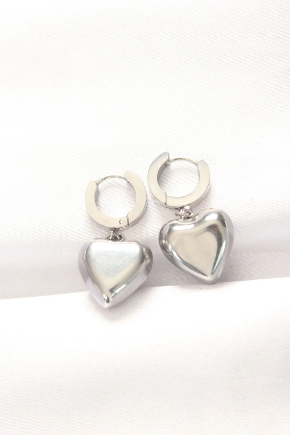 316L Çelik Gümüş Renk Bombeli Kalp Tasarımlı Küpe - EBJ240521W24196 ürün görseli