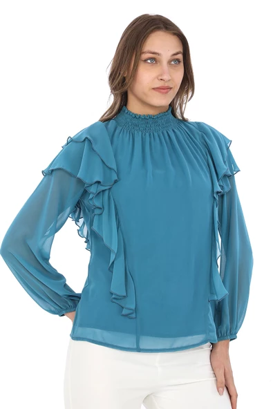 Omuz Fırfırlı Yaka Gipeli Şifon Bluz 6001-İndigo - 5