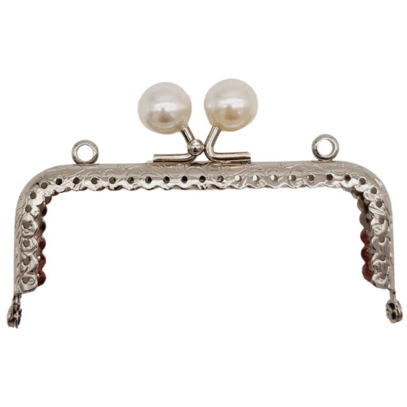 Angel Çanta Aksesuar 10.5 cm İncili Dikdörtgen Cüzdan Çanta Klipsi Bursu Gümüş Metalli