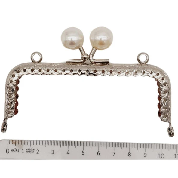 Angel Çanta Aksesuar 10.5 cm İncili Dikdörtgen Cüzdan Çanta Klipsi Bursu Gümüş Metalli - 2