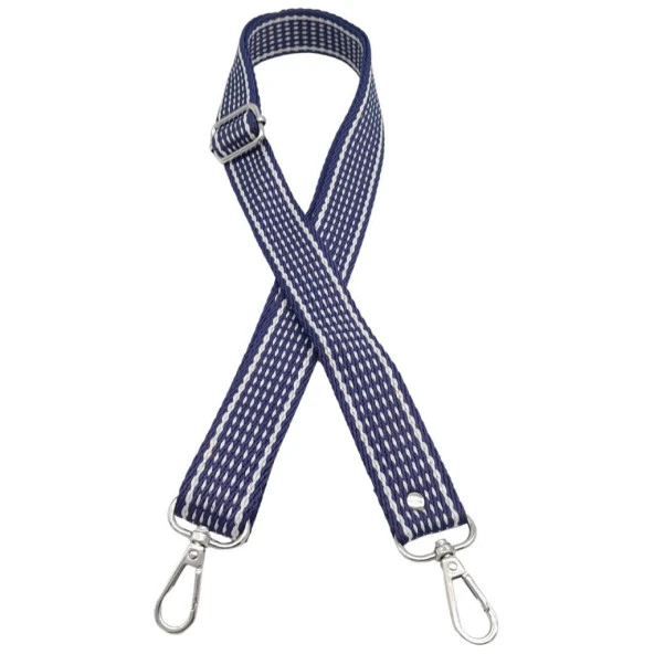 Angel Çanta Aksesuar 120x3 cm Polyester Kolon Çanta Sapı Lacivert Renk Beyaz Şeritli Gümüş Metalli - 2