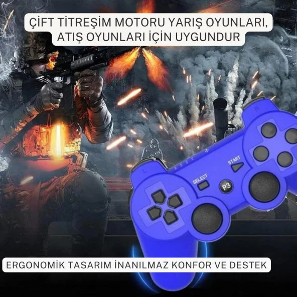 Cosmostech P3 Doubleshock PS3 Playstation 3 için Uyumlu Kablosuz Titreşimli Oyun Kolu Gamepad Joystick Controller Mavi - 4